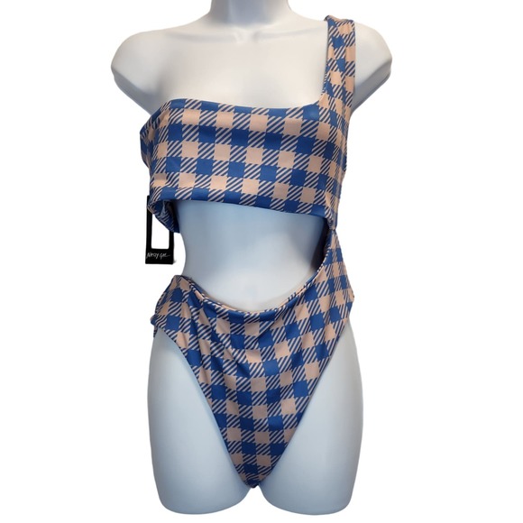 Nasty Gal One Shoulder Cut Out NWT One Piece Swimsuit‎ Size 10 Plaided Blue - Picture 1 of 7